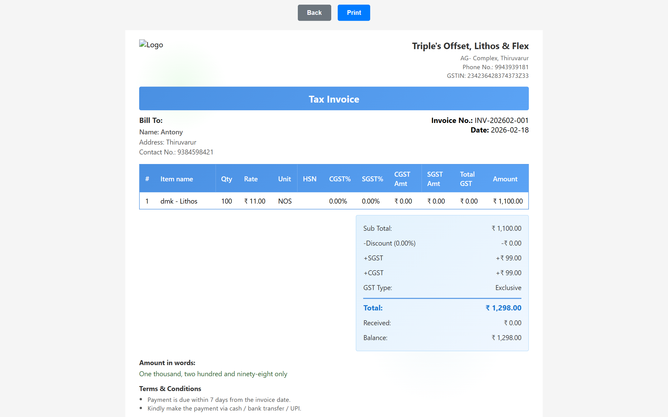 Print Invoice
